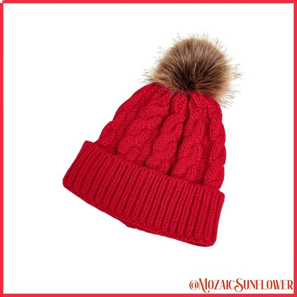 NEW Toddler 2 Piece Hand Cable Knit Red Hat Faux Fur Pompon and Collar Scarf - Picture 5 of 7
